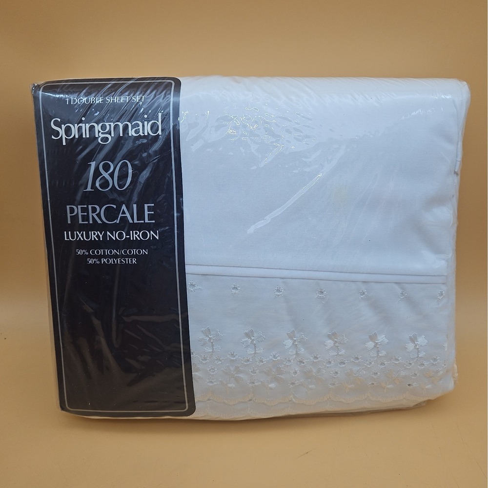 Vintage Springmaid 180 Percale Double‎ Sheet Set NOS New White Floral Design